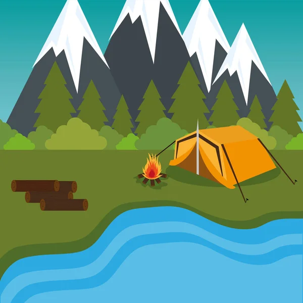 Camping zone with tent and campfire — Stock Vector