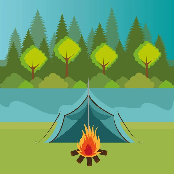 Camping avec tente et feu de camp — Image vectorielle