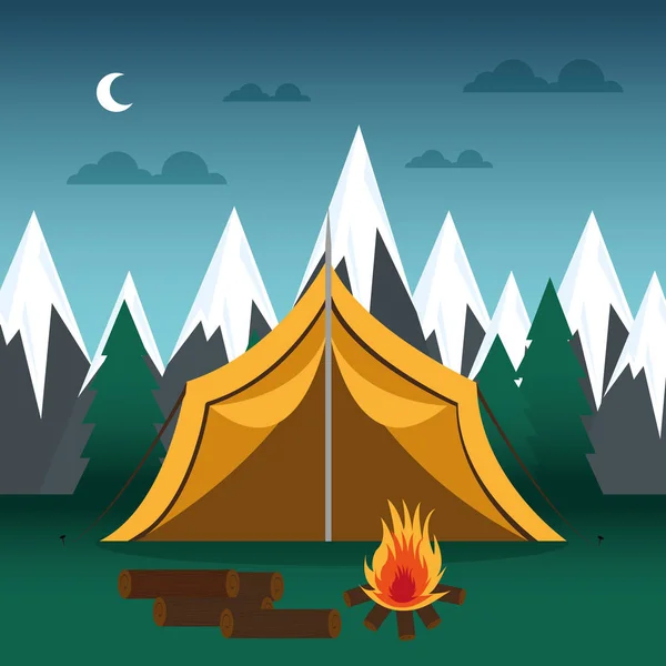 Zeltplatz mit Zelt und Lagerfeuer — Stockvektor