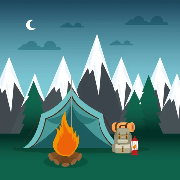 Camping avec tente et feu de camp — Image vectorielle