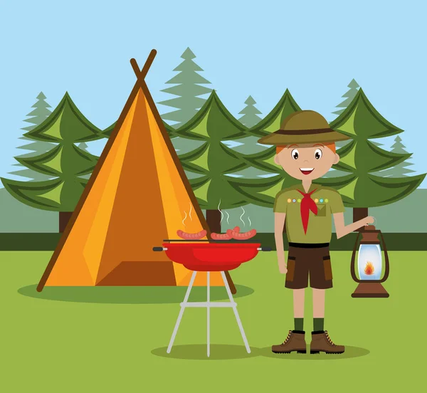 Genç izci kamp bölgesi sahne vektör çizim tasarım