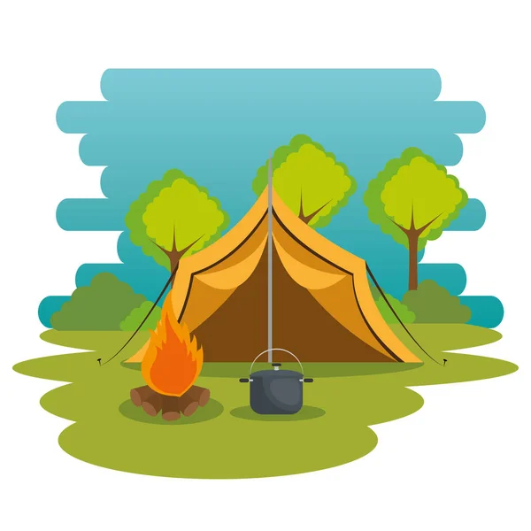 Zona de camping con tienda y fogata — Vector de stock