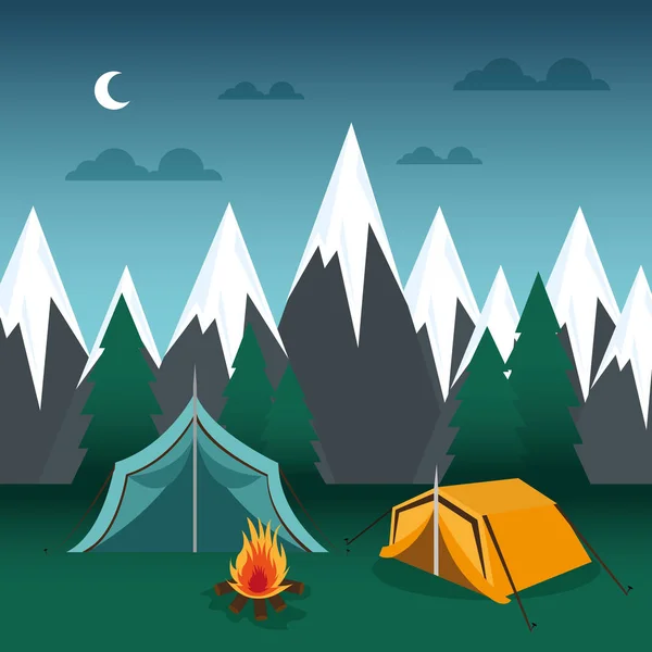 Zona de camping con tienda y fogata — Vector de stock