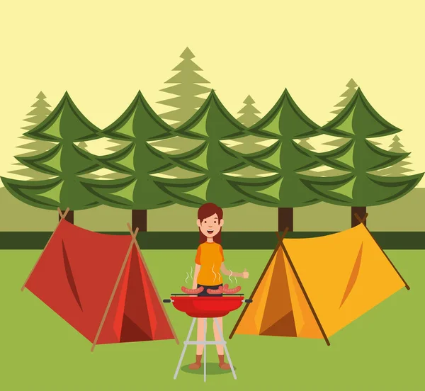 Young woman scout in the camping zone scene — Stock Vector