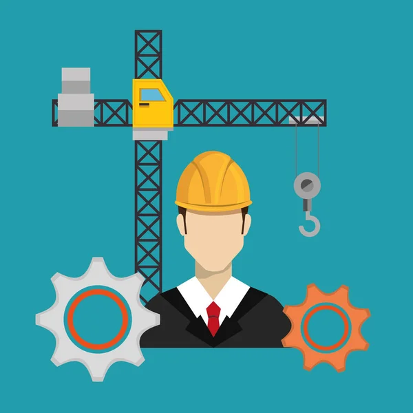 Trabalhador da construção civil com ícones em construção — Vetor de Stock