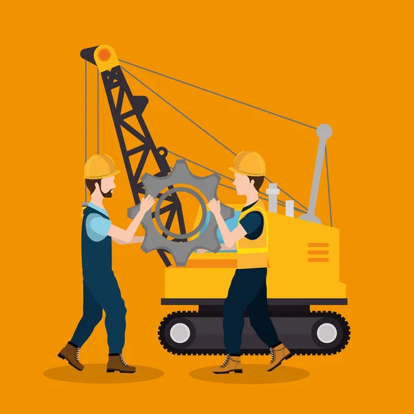 Trabajadores de la construcción con iconos en construcción — Vector de stock