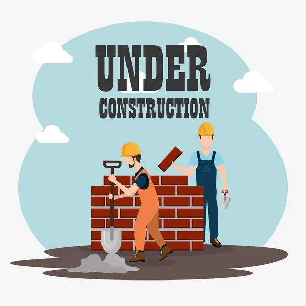 Trabajadores de la construcción con iconos en construcción — Vector de stock