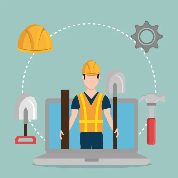 Trabajador en construcción con portátil — Vector de stock