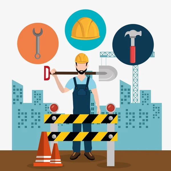 Construction worker with under construction icons — Stock Vector