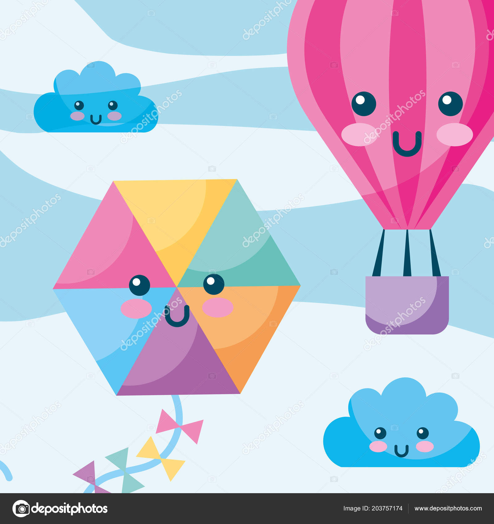 Kawaii hot air balloon kite clouds sky cartoon Stock Vector by