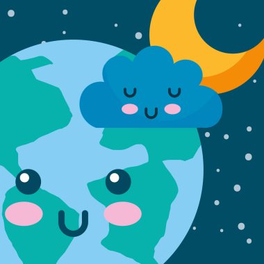Kawaii planet earth bulut ve yıldız alan karikatür