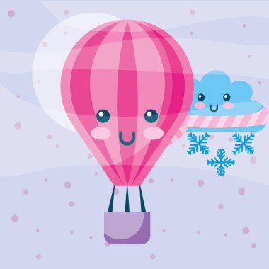 Kawaii sıcak hava balon kış bulut eşarp kar tanesi karikatür ile