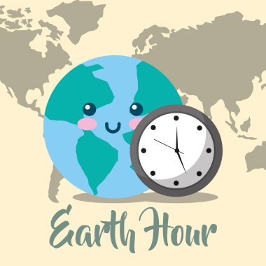 Kawaii gezegen dünya harita saat Dünya saat vektör çizim