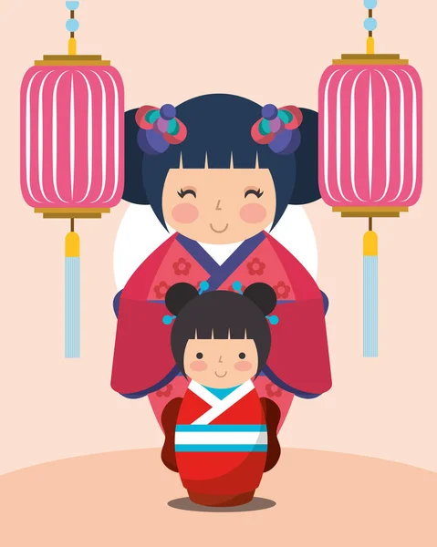 日本 kokeshi 娃娃和服 — 图库矢量图片