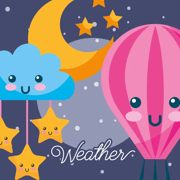 Meteo notte kawaii mongolfiera nube stelle luna — Vettoriale Stock