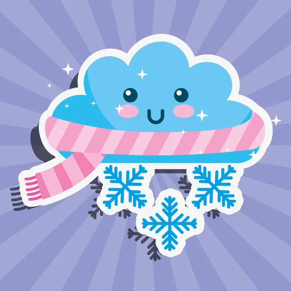 Kawaii hiver nuage flocons de neige dessin animé météo — Image vectorielle