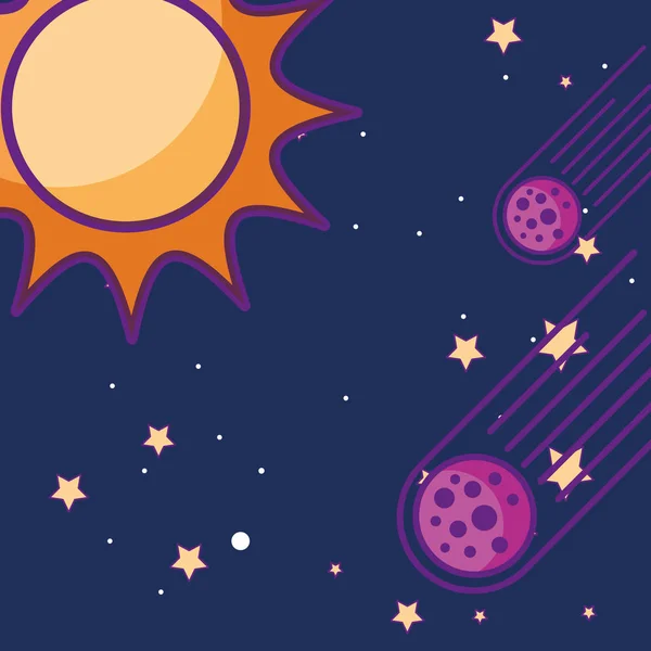 Espaço Galáxia Cartão Sol Estrelas Meteoritos Caindo Vetor Ilustração — Vetor de Stock