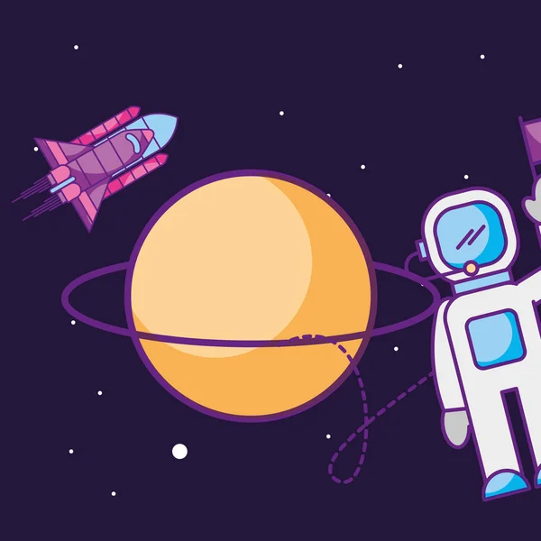 space galaxy card saturn planet astronaut rocket taking off vector illustration