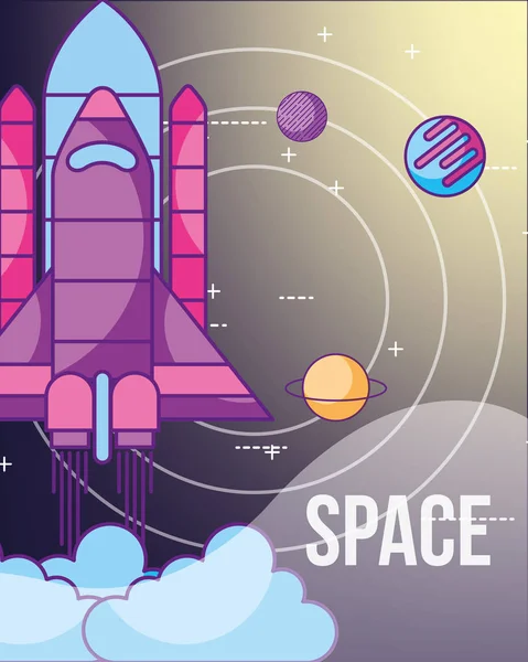 Espace Galaxie Carte Cosmique Système Solaire Fusée Décoller Nuages Brillant — Image vectorielle