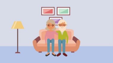 tatlı yaşlı çift kanepe oturma odası animasyon üzerinde oturan hd