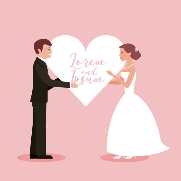 Noiva e noivo segurando cartão de casamento coração —  Vetores de Stock