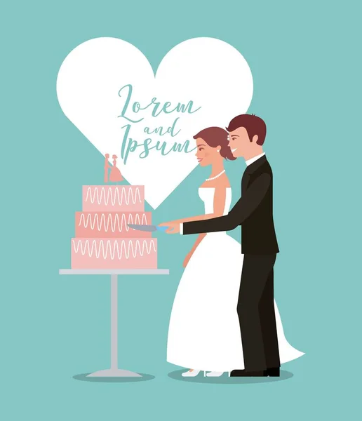 Menyasszony és a vőlegény vágás esküvői torta üdvözlőlap — Stock Vector