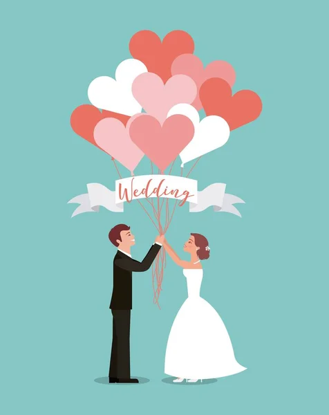 Νύφη και ο γαμπρός με μπαλόνια καρδιά την ημέρα του γάμου — Διανυσματικό Αρχείο