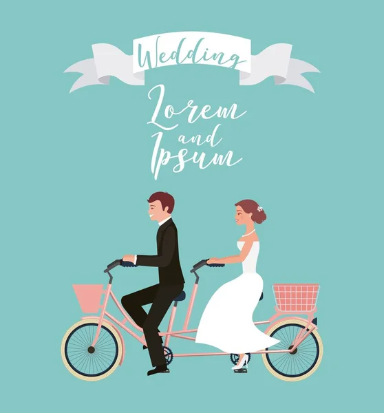 Mariée et marié le jour du mariage en tandem vélo — Image vectorielle