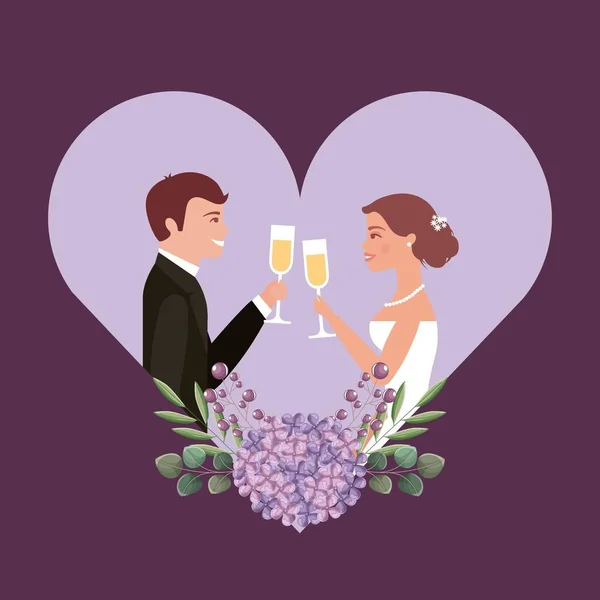 Paar prostet Weingläser in Herzblume Hochzeitskarte zu — Stockvektor