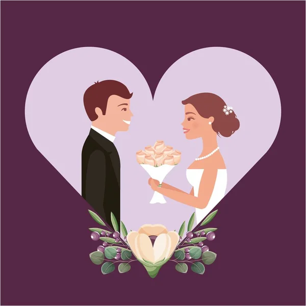 Belle mariée avec bouquet et marié — Image vectorielle