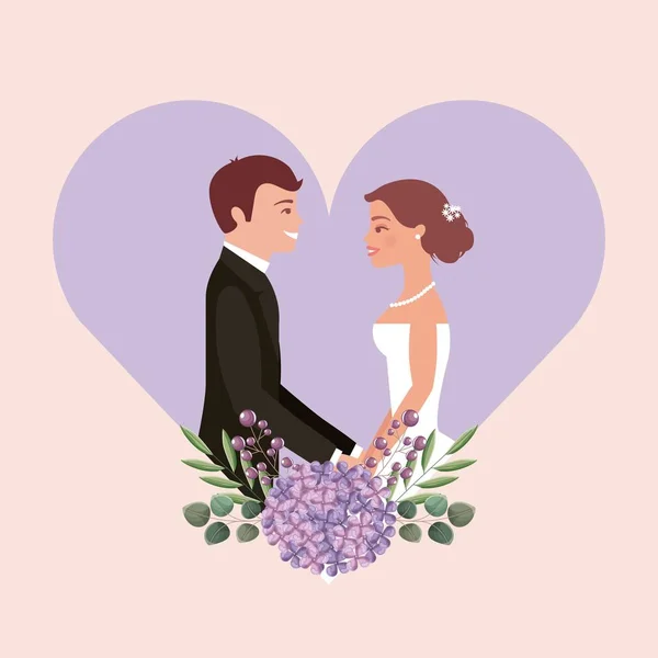 Hochzeitskarte Braut und Bräutigam halten Händchen in Herzblumen — Stockvektor