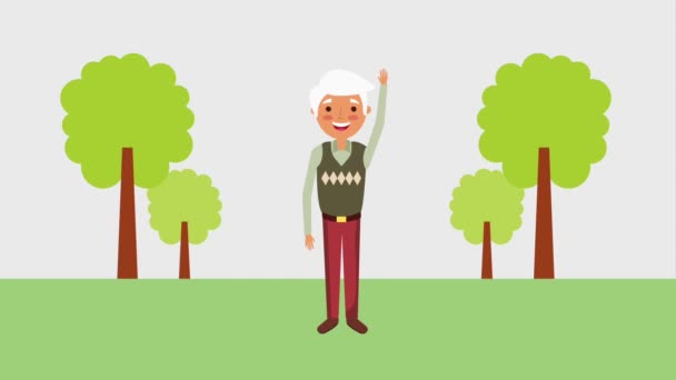 Oudere Man Hand Zwaaien Park Animatie — Stockvideo