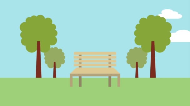 Banc en bois dans le paysage du parc — Video