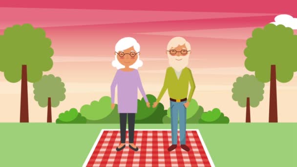 Yaşlı çift ayakta üzerinde park peyzaj battaniyeye — Stok video