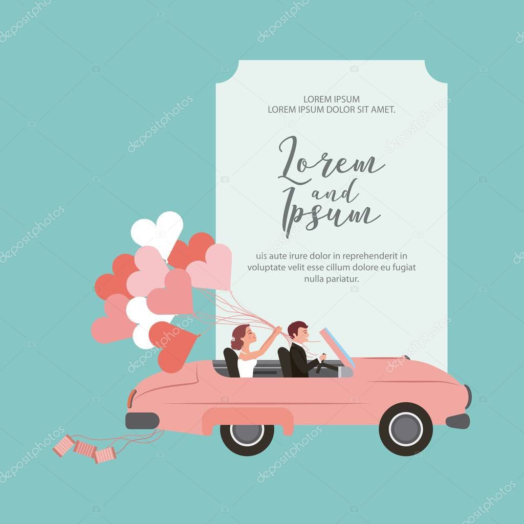 bride and groom in convertible car with balloons wedding card