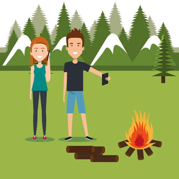 Par med smartphones i zonen camping — Stock vektor