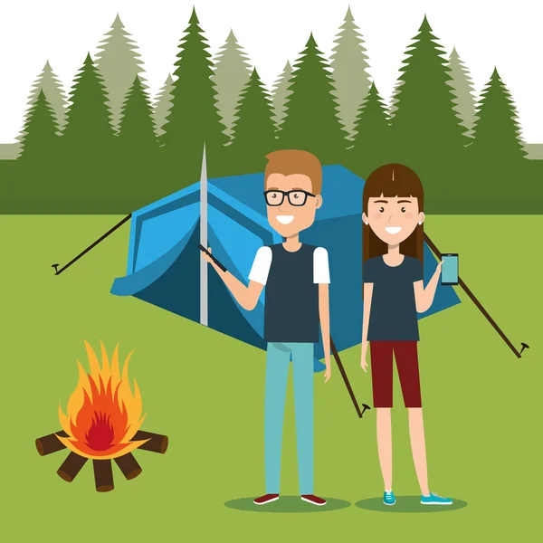 Couple avec smartphones dans la zone de camping — Image vectorielle