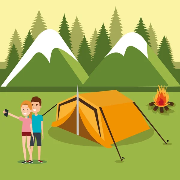Casal Com Smartphones Zona Camping Design Ilustração Vetorial — Vetor de Stock