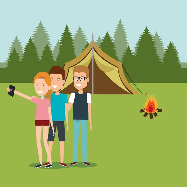 Amigos con smartphones en la zona de camping — Vector de stock