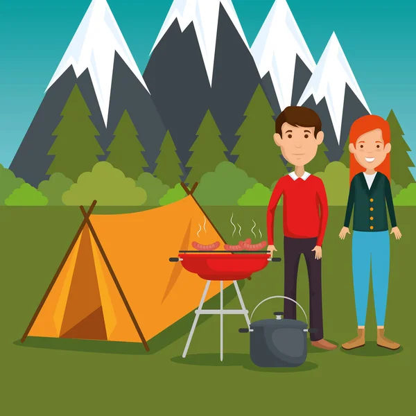 Jeune Couple Dans Zone Camping Illustration Vectorielle Design — Image vectorielle