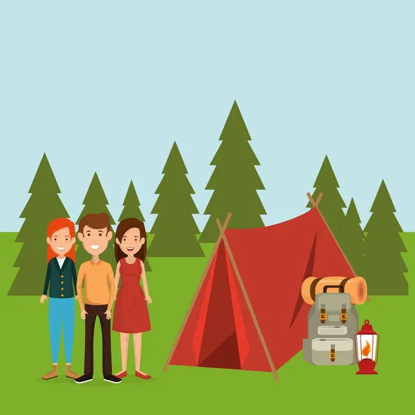 Amigos en la zona de camping — Vector de stock