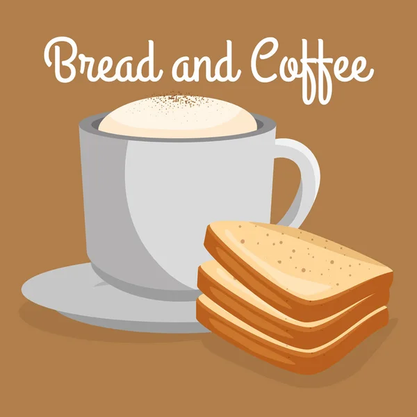 Leckeres halbiertes Brot und Kaffee-Etikett — Stockvektor
