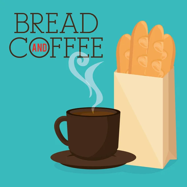 Вкусный французский хлеб и кофе этикетка — стоковый вектор