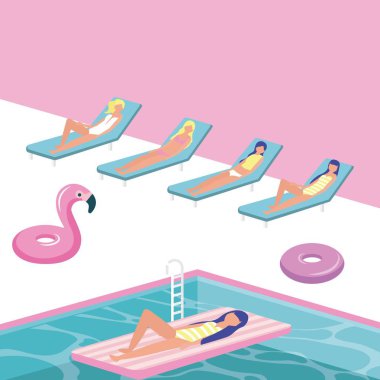 Yaz saati tatil kızları güneşlenme flamingo float havuzu vektör çizim çıkarmak