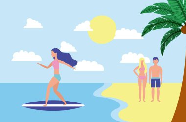 Yaz saati tatil çift kum kız sürme sörf tablo yürüyüş palms beach vektör çizim