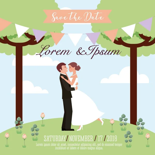Mariée et marié embrassés dans le mariage du parc enregistrer la carte de date — Image vectorielle