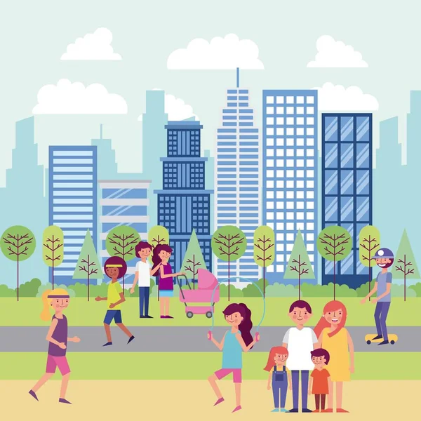 egzersiz mutlu familys çift bebek arabası vektör çizim ile yapıyor insanlar Parkı ve şehir yüksek binalar kız çocuklar