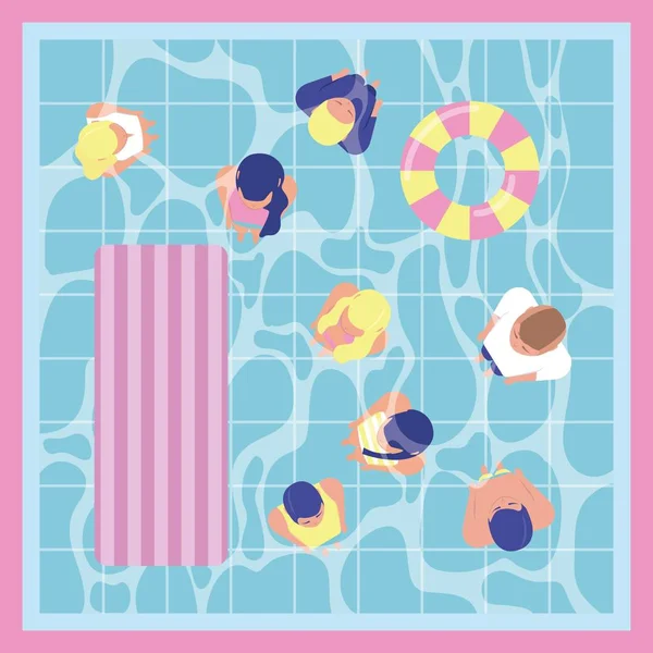 Gente Verano Piscina Día Chicos Pie Flotadores Vector Ilustración — Archivo Imágenes Vectoriales