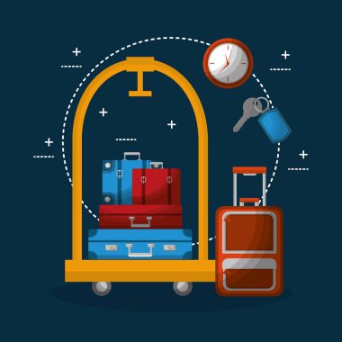 Otel Bagaj arabası yığılmış valiz çanta saat