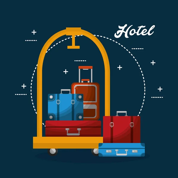 Hotel luggage trolley pile suitcases travel — Stock Vector